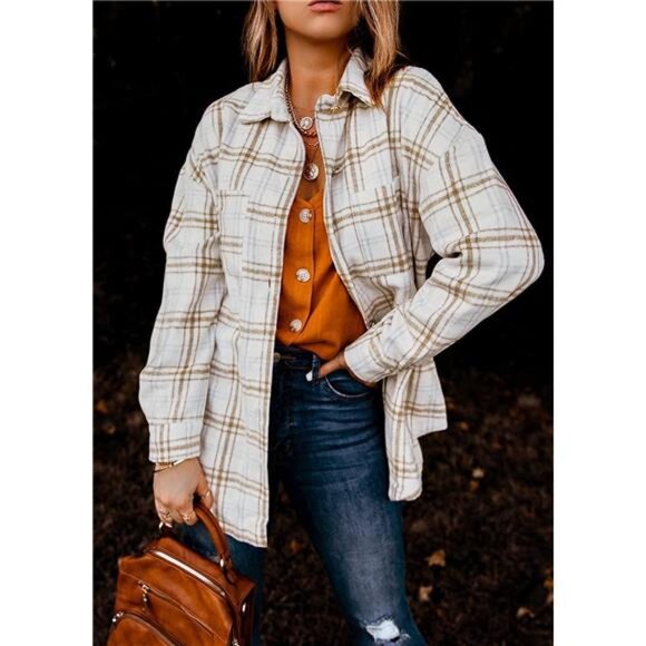 New Women's Fall Plaid Shacket Jacket Long Sleeve Button Down Flannel Shirts - Picture 3 of 7